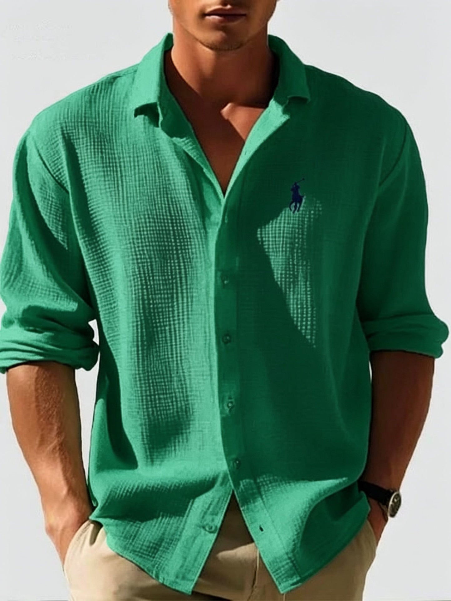 R L | Men's Loose-Fit Waffle-Knit Collared Shirt