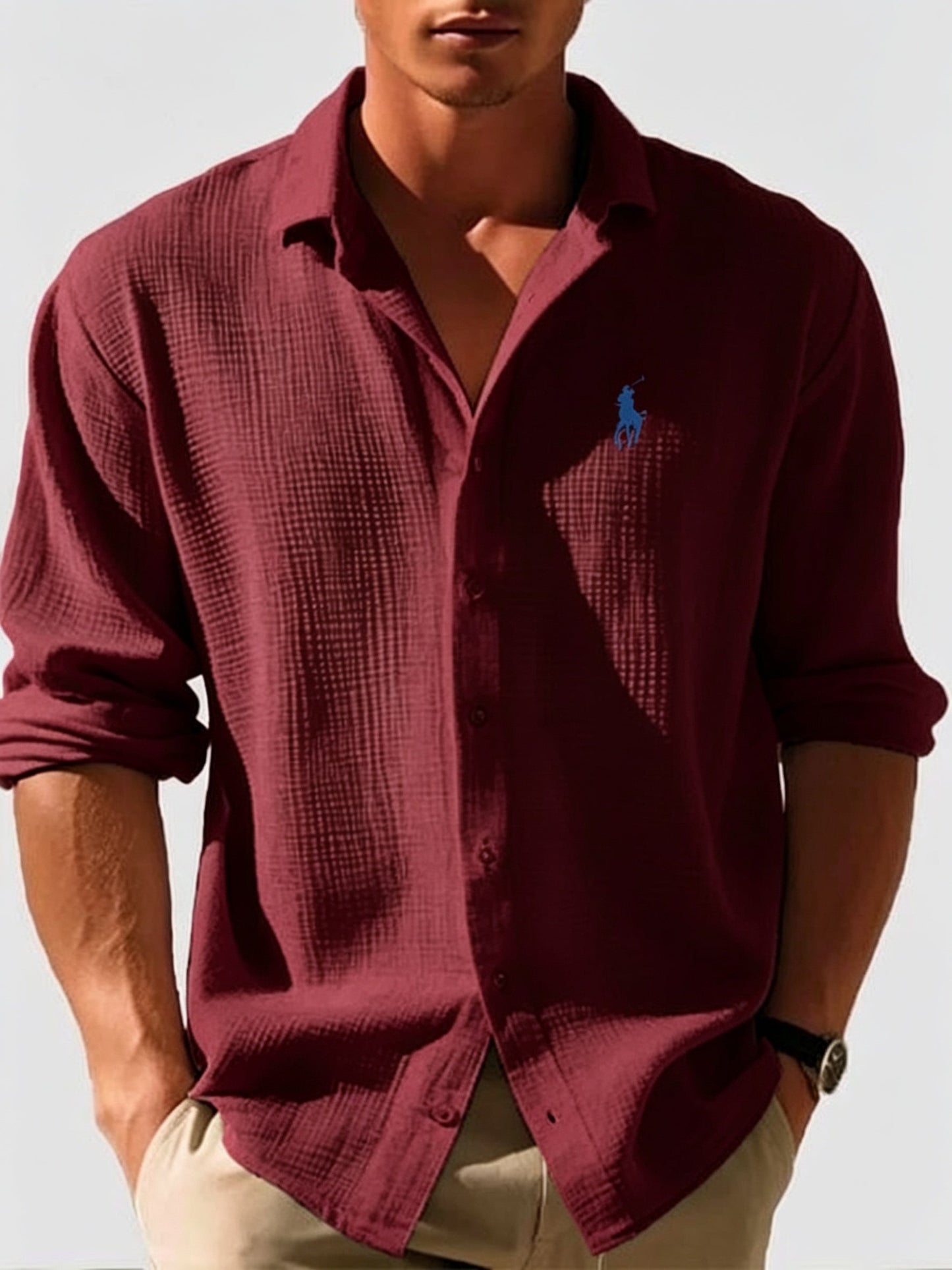 R L | Men's Loose-Fit Waffle-Knit Collared Shirt