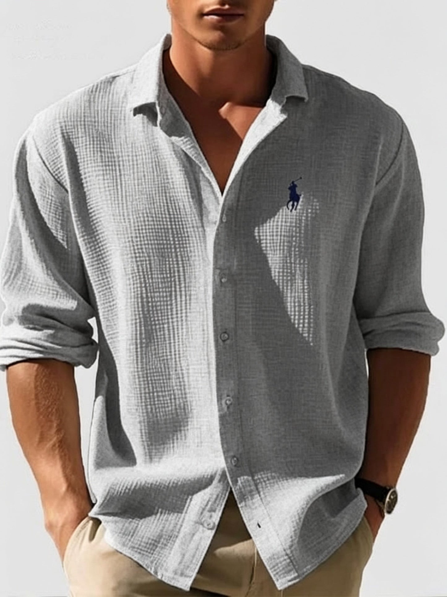 R L | Men's Loose-Fit Waffle-Knit Collared Shirt